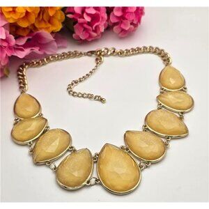 Gold Tone Yellow Speckled Faceted Teardrop Acrylic Statement Necklace 21" Adj.